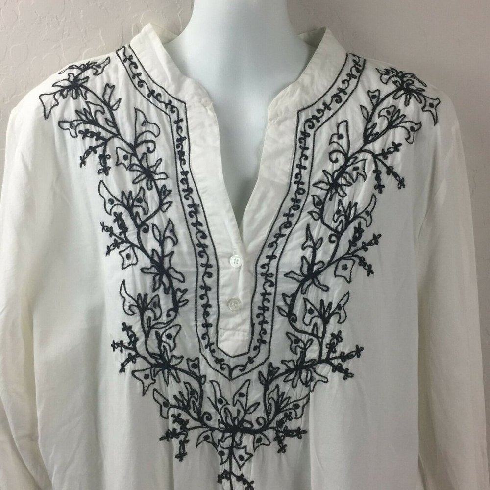 Erik Stewart Womens White Cotton Black Embroidered BoHo Long Sleeve Shirt Large
